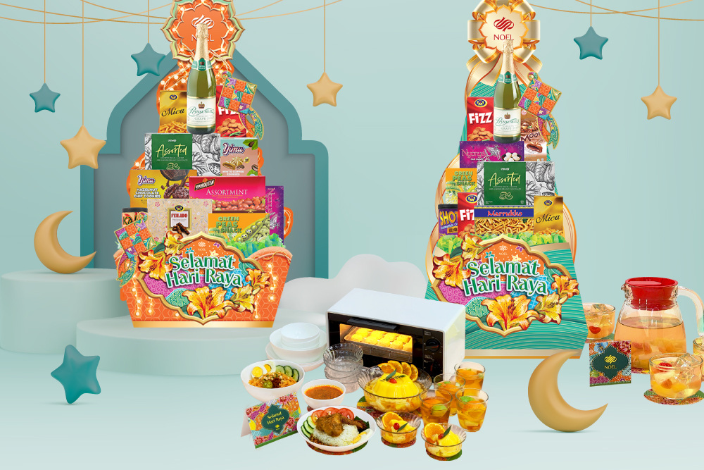 Orange and turquoise Hari Raya gift hampers featuring sparkling drinks, biscuits, prawn crackers, accompanied with household essentials.