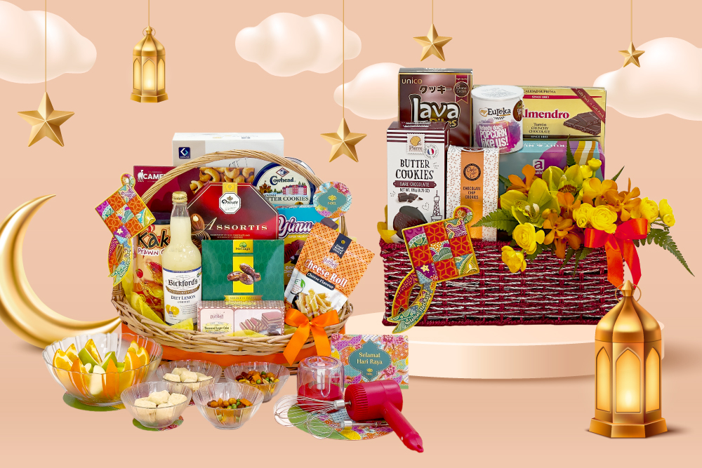 Hari Raya gift baskets featuring sparkling drinks, chocolatey bites, butter cookies and more, accompanied with other household gifts such as salad bowls and handheld mixers.