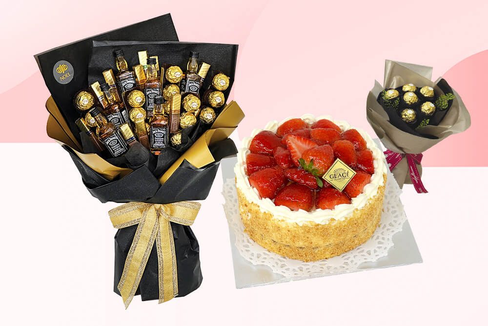 Whisky Hand Bouquet and Fruits Deluxe Cake with Wine and Flowers